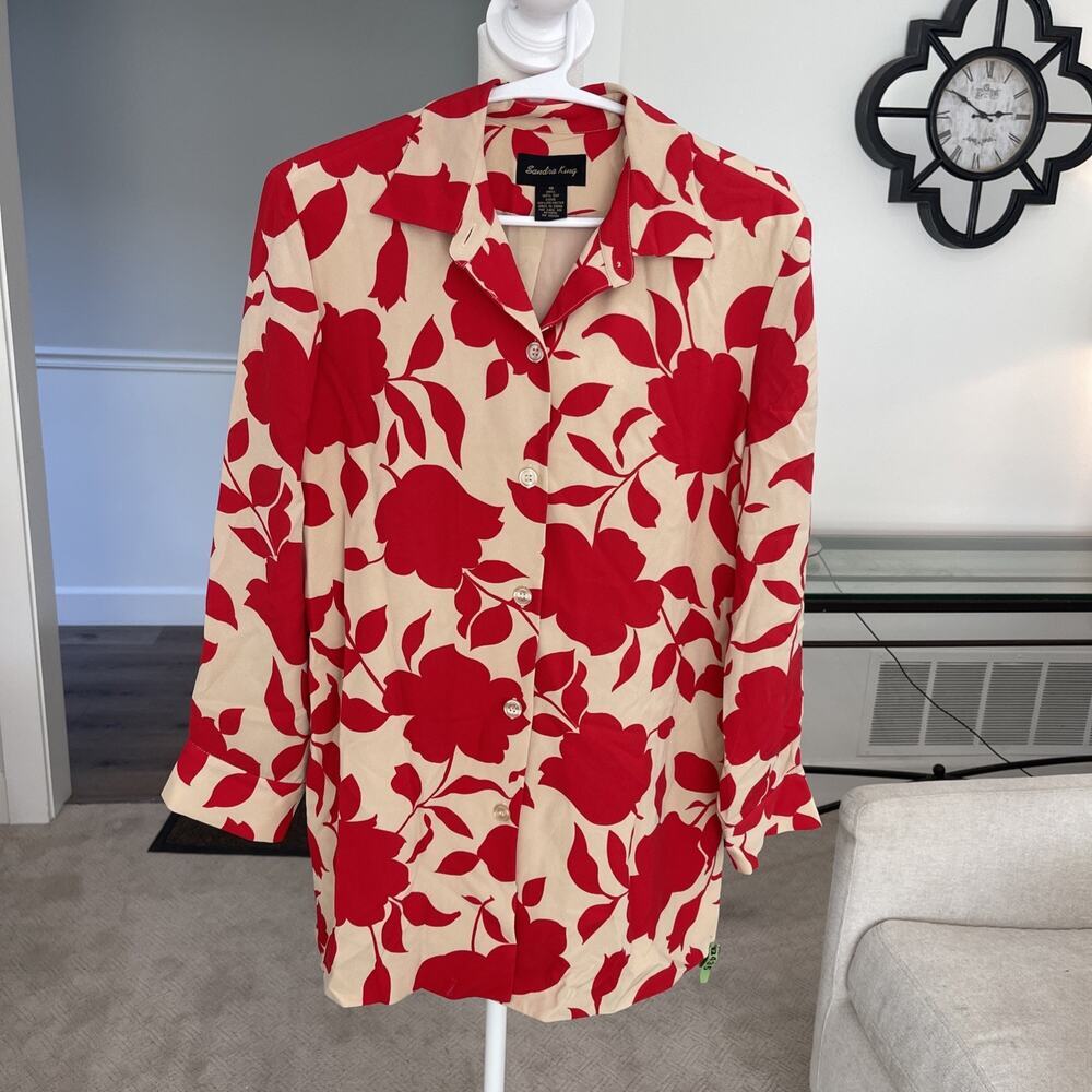 Sandra King Silk Long Sleeve Blouse Size 10 Lined Shacket Asian Red Floral Party